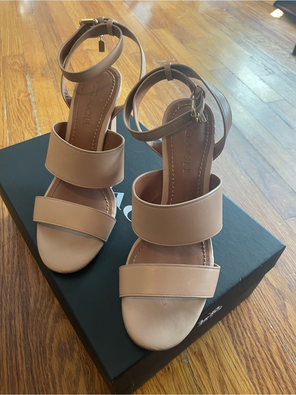 Coach Nude Leather Block Heel Sandals